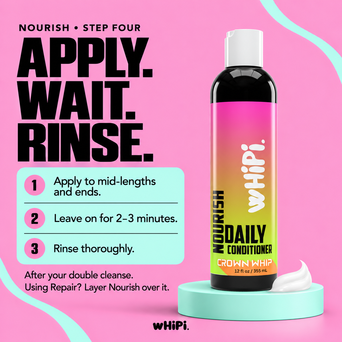 Nourish directions: apply to mid-lengths and ends after shampoo, leave on for 2–3 minutes, then rinse thoroughly. If using Repair, layer Nourish over it.
