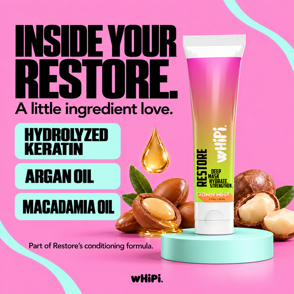 Restore ingredient spotlight featuring hydrolyzed keratin, argan oil, and macadamia oil.