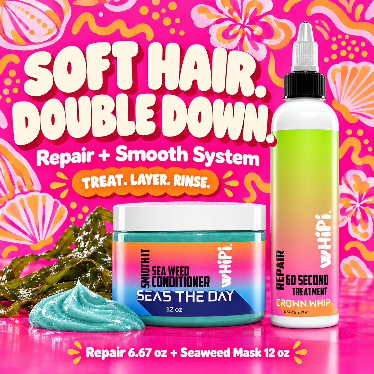 Repair + Smooth System — Crown Whip Repair 6.67 oz and Smooth It Seaweed Conditioner Mask 12 oz.