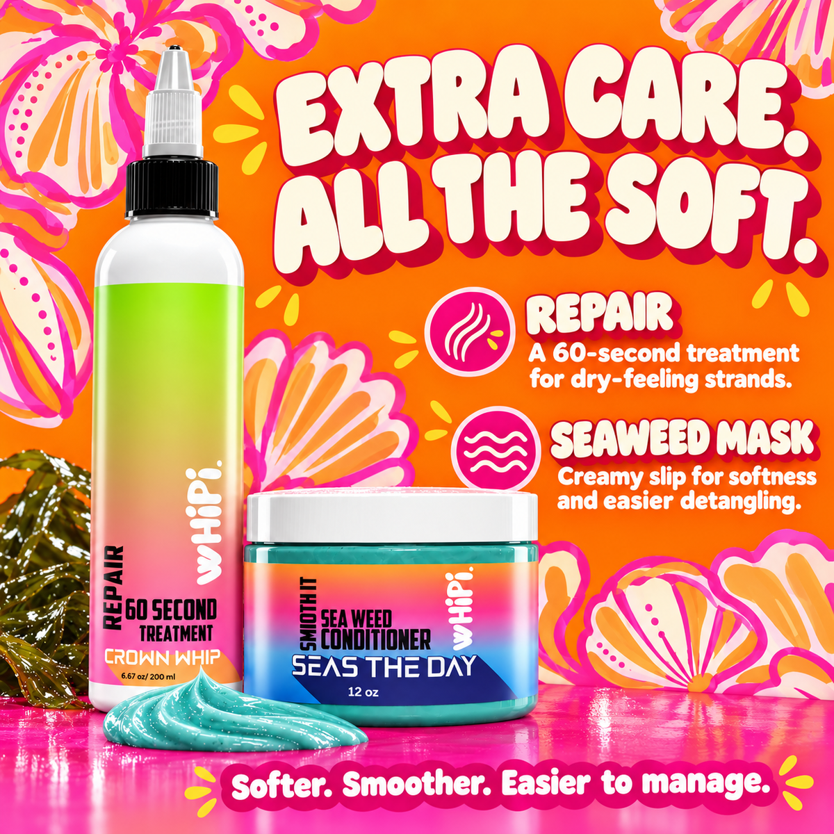 Repair offers an extra conditioning step; Seaweed Mask adds creamy slip for softness and easier detangling.