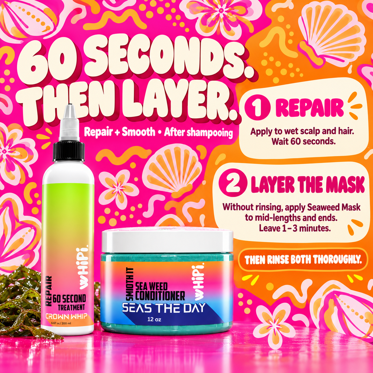 After shampooing, leave Repair on for 60 seconds, layer Seaweed Mask without rinsing, leave 1–3 minutes, then rinse both thoroughly.
