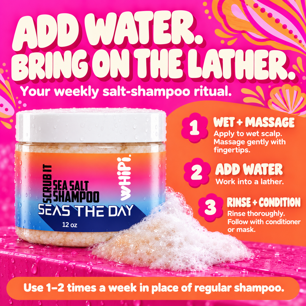 Scrub It directions: massage gently into wet scalp, add water to lather, rinse and condition; use 1–2 times weekly in place of regular shampoo.