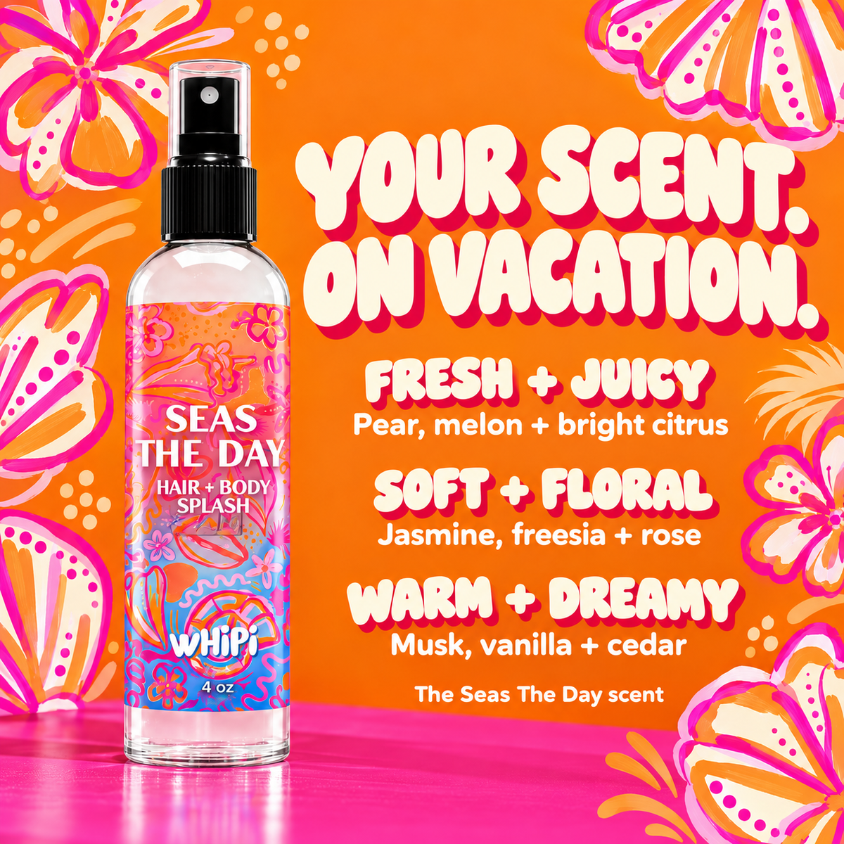 Seas The Day scent notes — fresh fruit and citrus, soft florals, warm musk, vanilla and cedar.