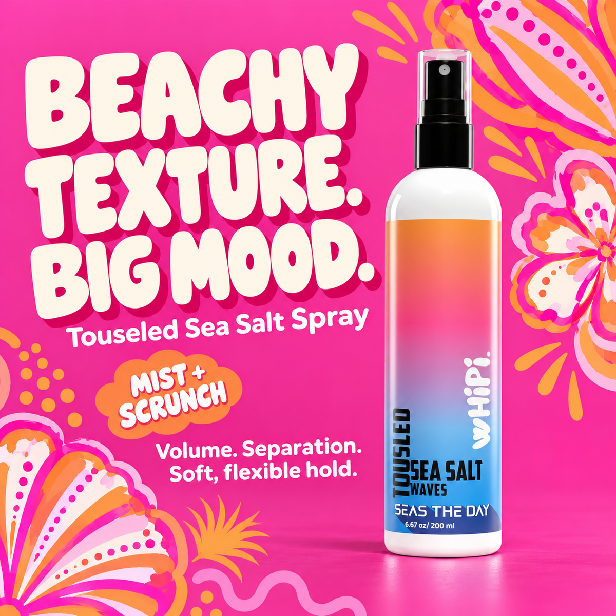 Touseled Sea Salt Spray — beachy texture, volume, separation and soft flexible hold.
