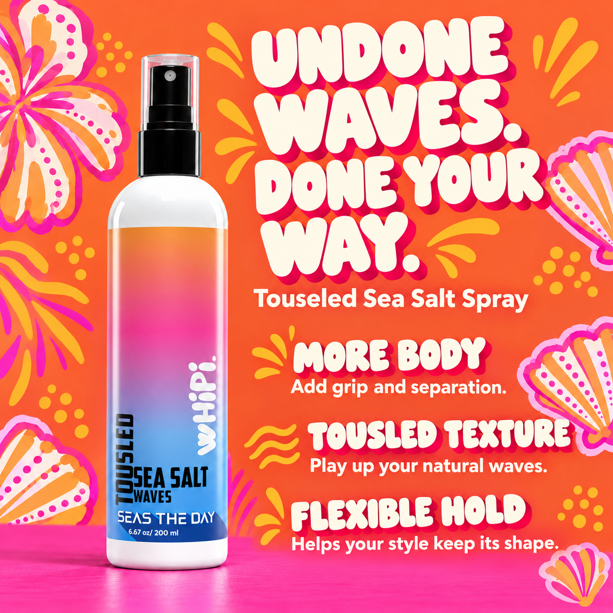 Touseled Sea Salt Spray — undone waves, added body, tousled texture and flexible hold.