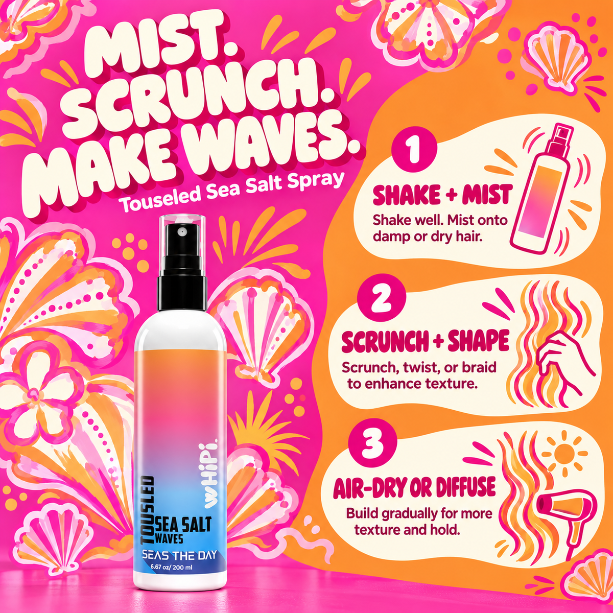 Shake and mist on damp or dry hair, scrunch or twist, then air-dry or diffuse.