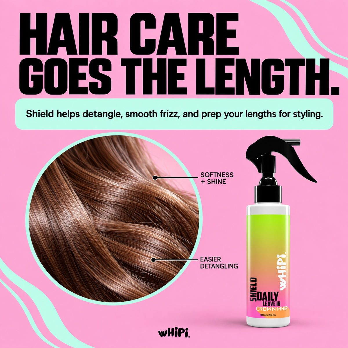 Shield helps detangle, smooth frizz, and prep lengths for styling; illustrated with glossy hair photography.
