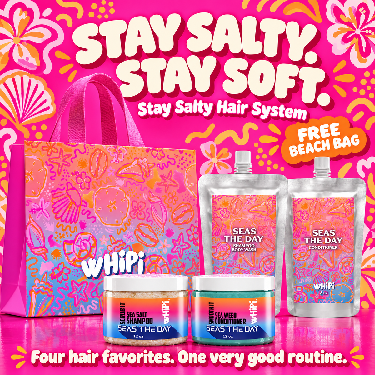 Stay Salty Hair System with Shampoo + Body Wash, Conditioner, Scrub It, Seaweed Mask and complimentary matching beach bag.