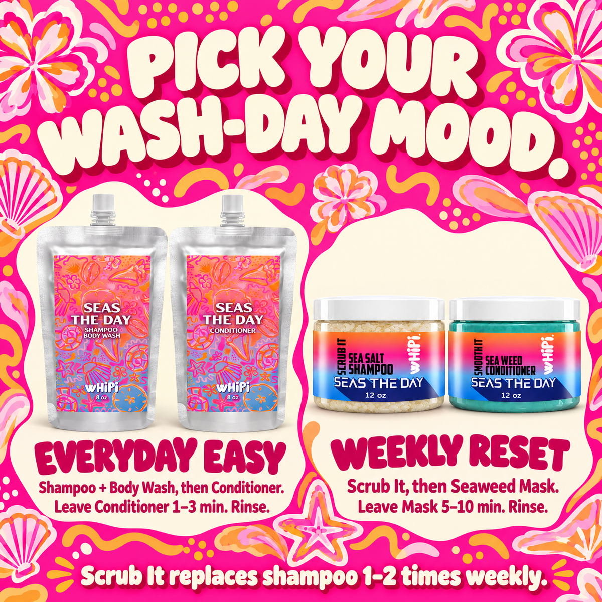 Choose Shampoo + Conditioner for everyday washing or Scrub It + Seaweed Mask for a weekly reset; Scrub It replaces shampoo 1–2 times weekly.