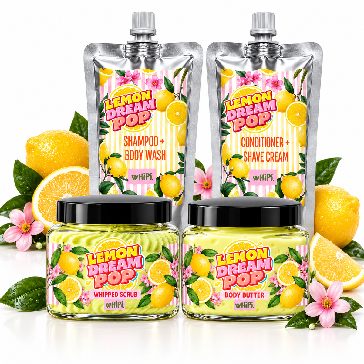 Lemon Dream Pop four-piece wHiPi. set: Shampoo + Body Wash, Conditioner + Shave Cream, 8 oz Whipped Scrub and 8 oz Body Butter.