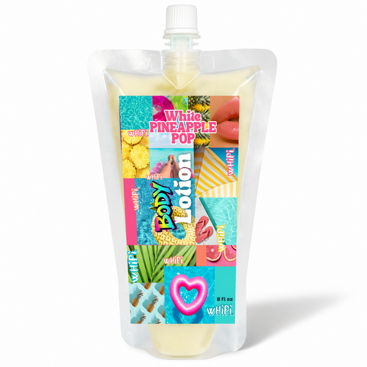 White Pineapple Pop Body Lotion in its clear 8 oz pouch with light-yellow lotion, on a white background.