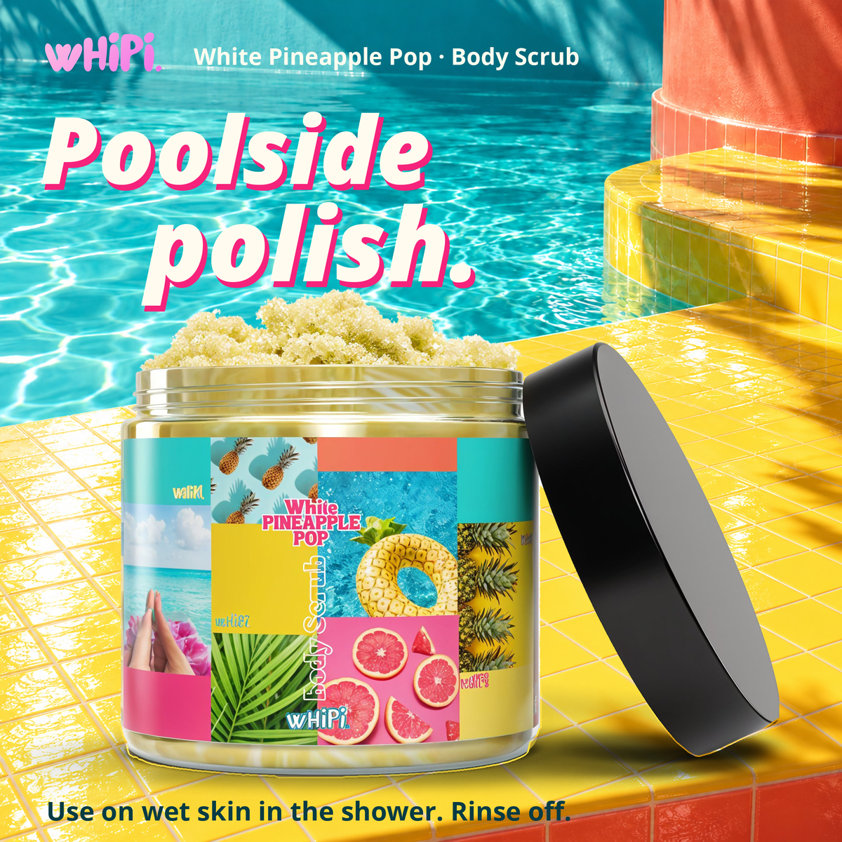 White Pineapple Pop Body Scrub usage guide with tropical poolside scenery.