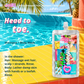 White Pineapple Pop Shampoo + Body Wash usage guide with tropical poolside scenery.