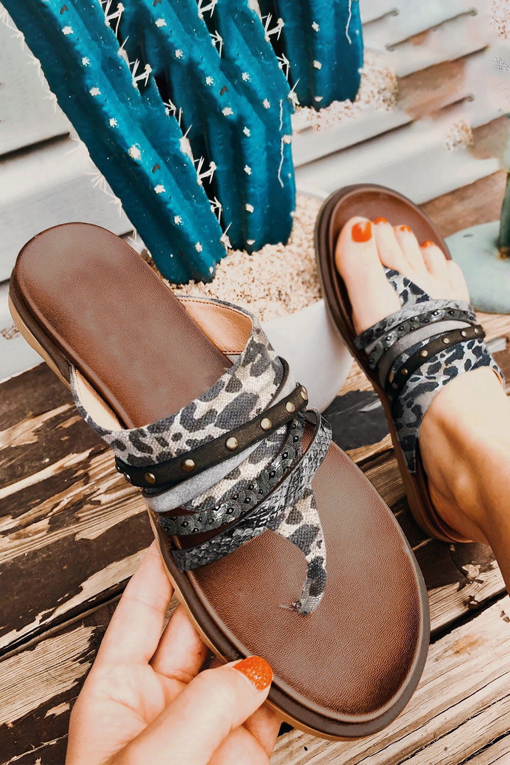 Studded Animal Print Flip Flop Sandals