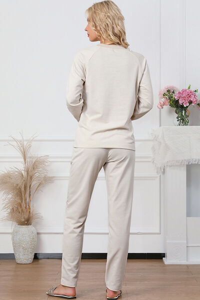 Half Button Round Neck Top and Drawstring Pants Lounge Set