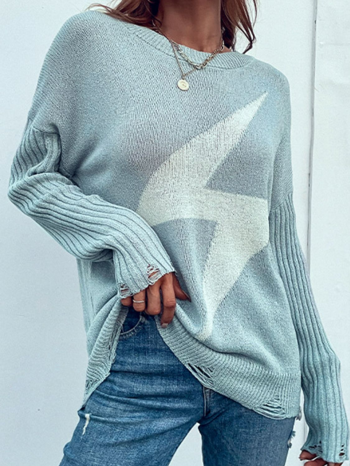 Lightning Graphic Distressed Sweater