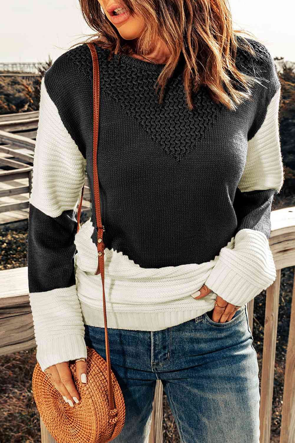 Woven Two-Tone Rib-Knit Sweater