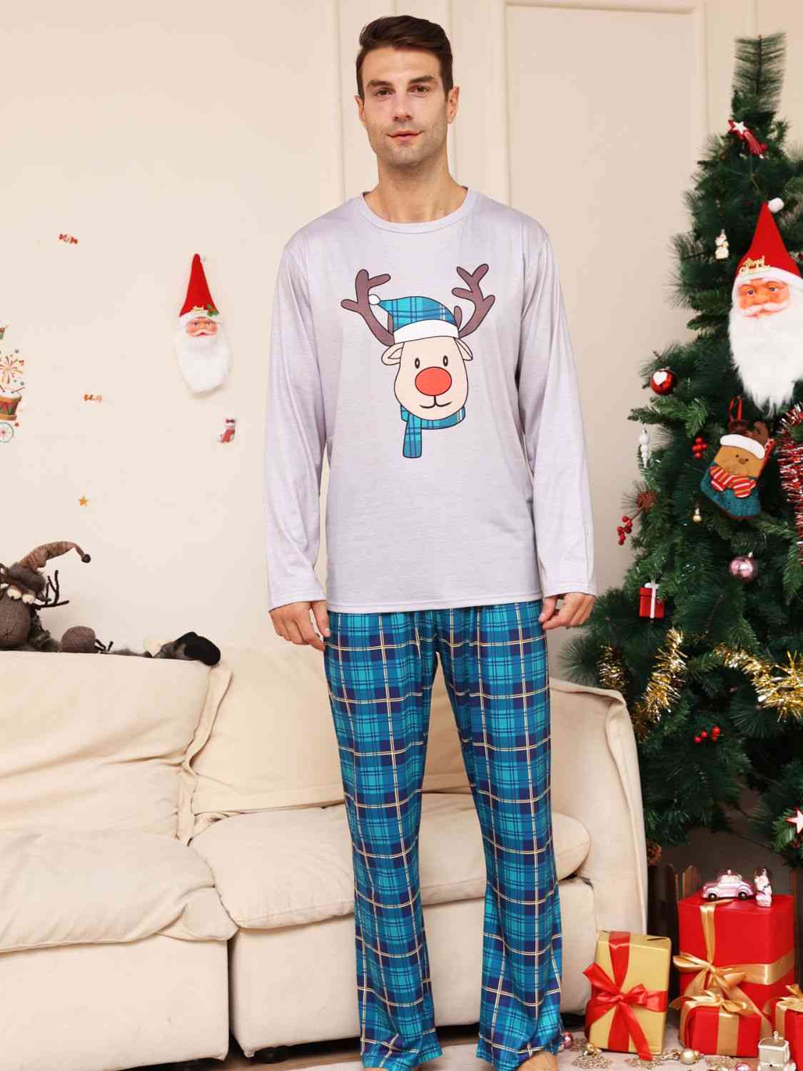 Adult Rudolph Graphic Long Sleeve Top and Plaid Pants Set