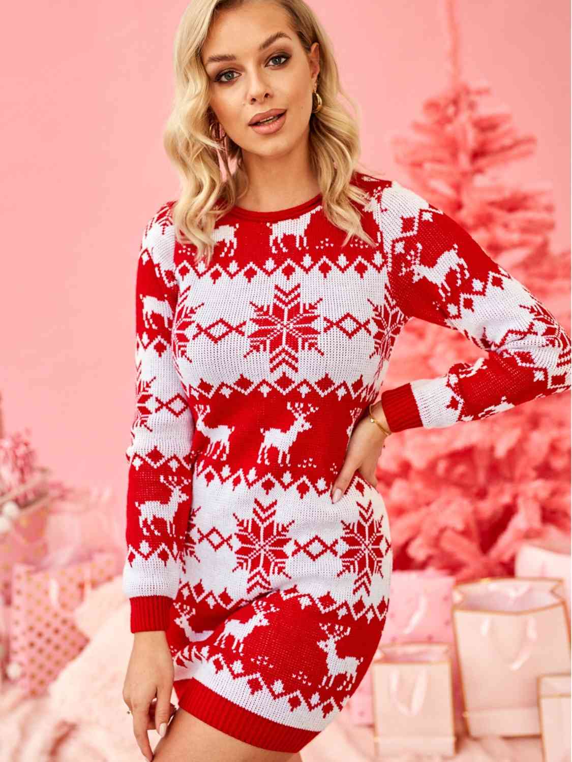 Reindeer & Snowflake Round Neck Sweater Dress