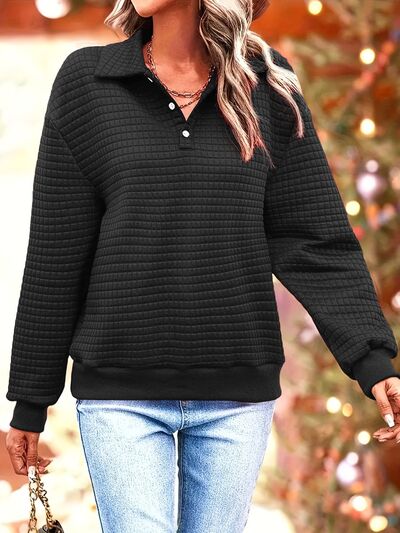 Waffle-Knit Collared Neck Long Sleeve Sweatshirt