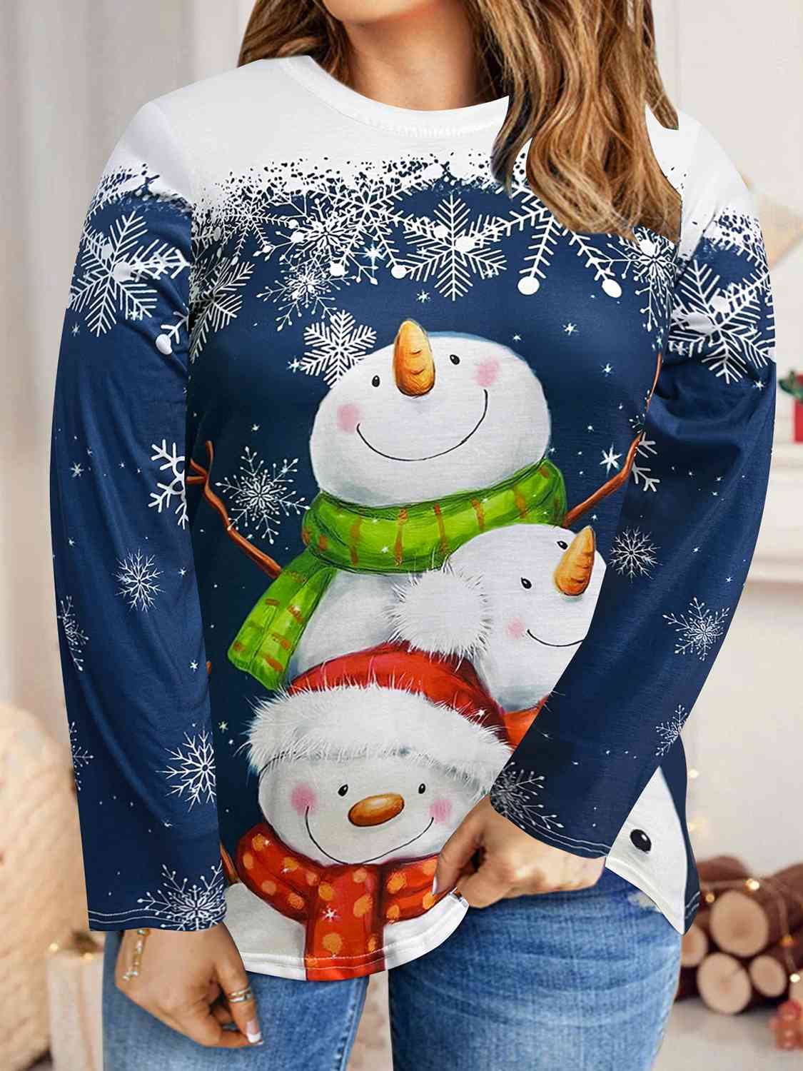 Plus Size Snowman & Snowflake Round Neck T-Shirt