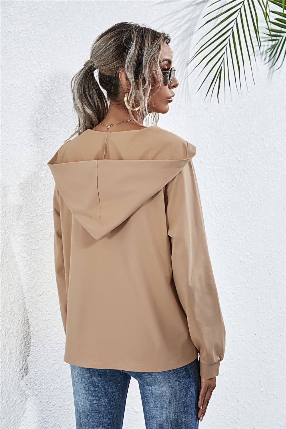 Buttoned Raglan Sleeve Hooded Blouse