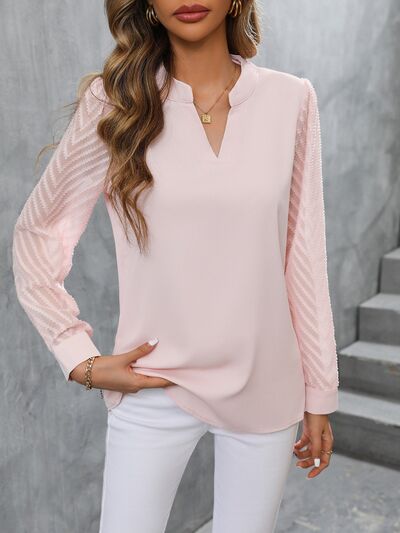 Notched Long Sleeve Blouse