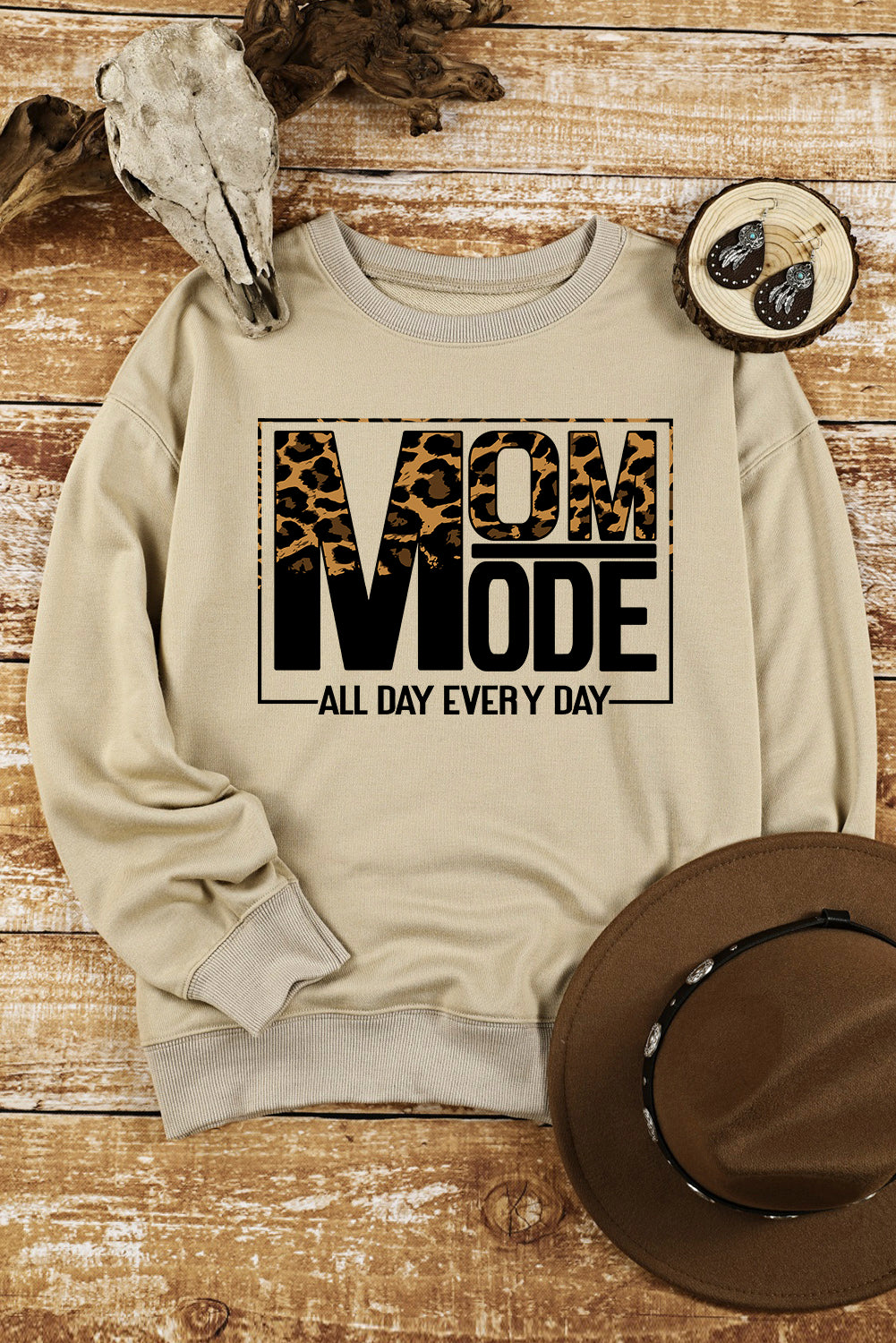 Khaki MOM MODE Leopard Print Long Sleeve Sweatshirt