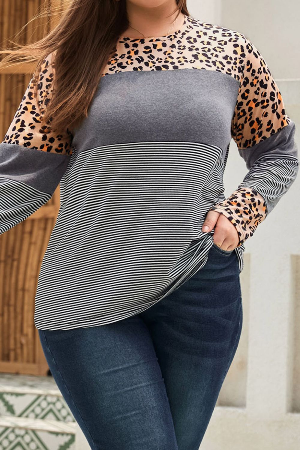 Plus Size Striped Round Neck Long Sleeve T-Shirt