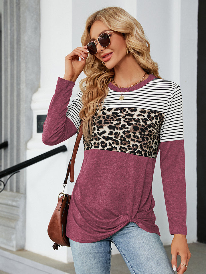 Color Block Round Neck Long Sleeve Blouse