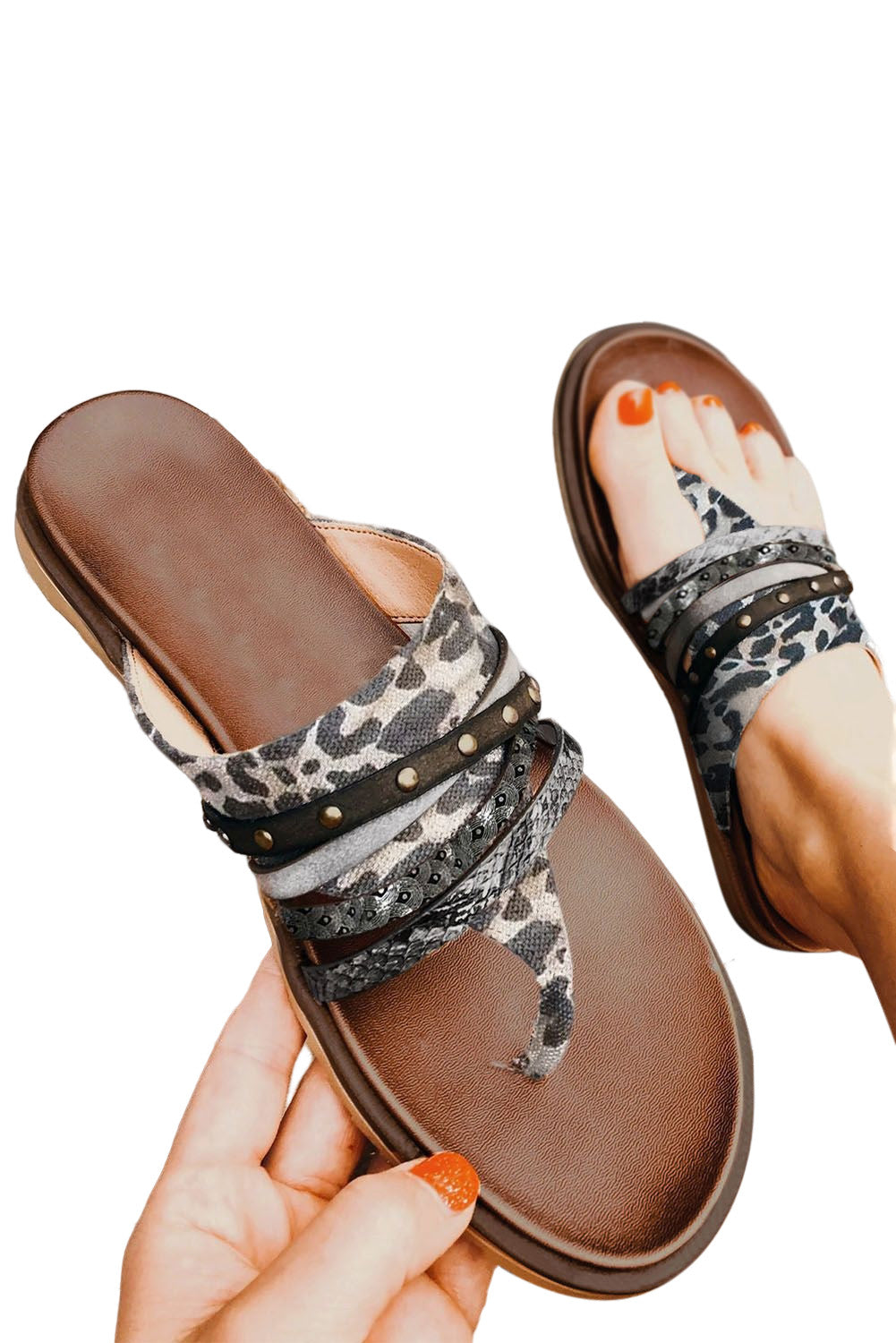 Studded Animal Print Flip Flop Sandals